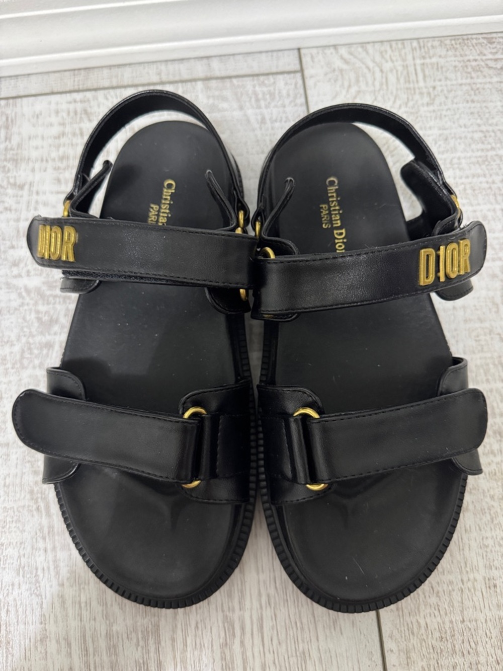 Dior Black Leather Gold-Logo Strap Sandals